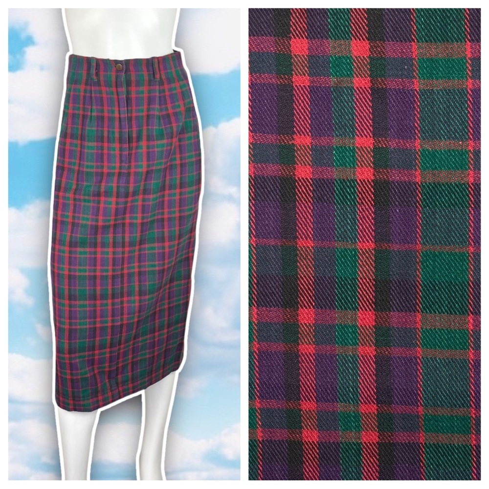 ACCESS 90s Vintage Pleated Plaid Midi Pencil Skirt Preppy Academia Office Rustic